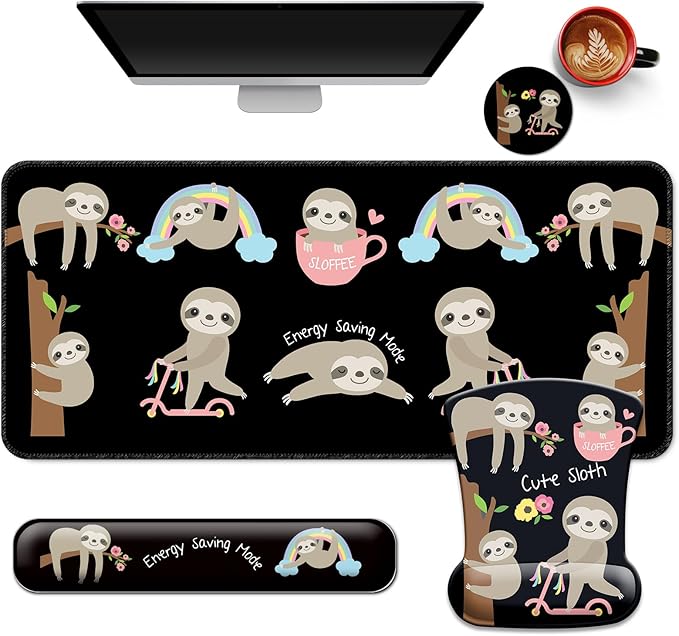 Desk Mat Set + Keyboard and Mouse Pad with Wrist Rest Support,4-in-1 Large Mousepad Computer Mats for Desktop Home & Office -Sloths