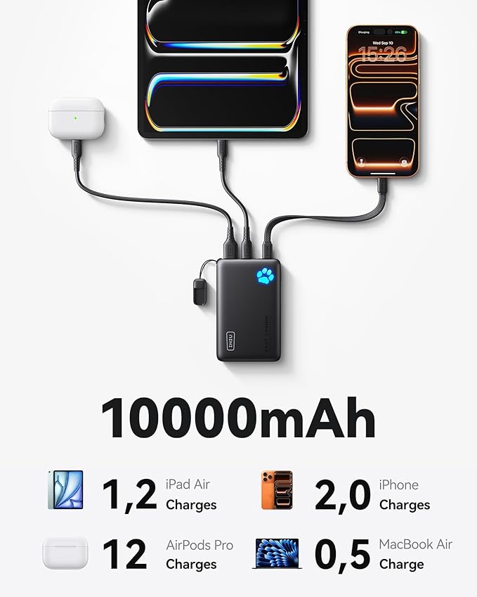 INIU 45W Fast Charging Portable Charger, 40% Smaller 10000mAh with Detachable Cable, Flight-Safe Travel Power Bank, USB C External Phone Battery Pack for iPhone 17 16 Pro iPad Samsung S26 Google etc