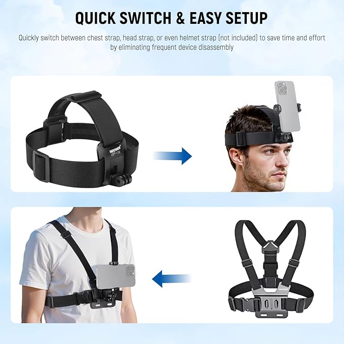 NEEWER Mobile Phone Chest Mount Head Strap Mount, Quick Release POV Vlog Accessory Kit for Video Recording, Compatible with iPhone GoPro Hero Insta360 DJI AKASO Action Camera, GP-74