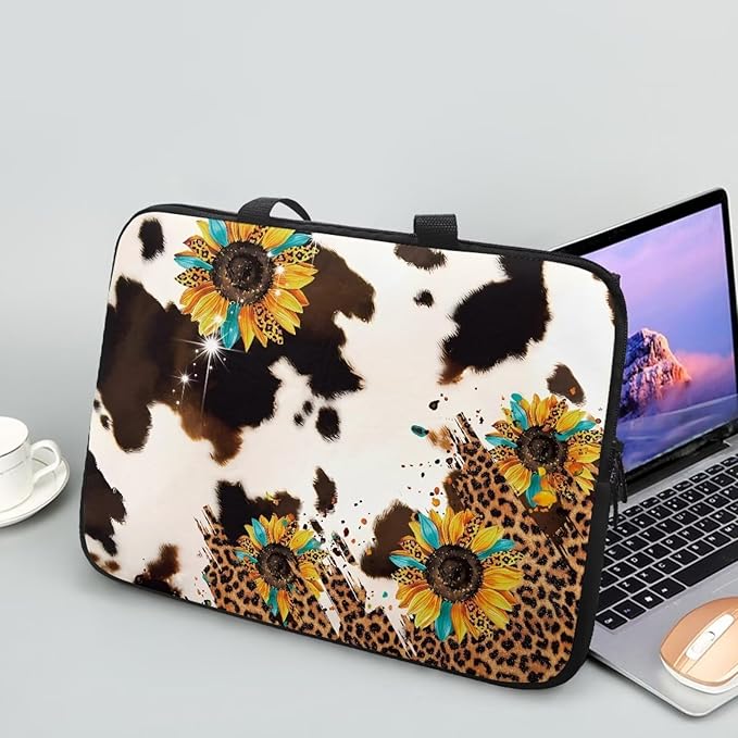 Cow Print Sunflower Laptop Sleeves & Cases, Laptop Tote Bag with Handle, Men Women School Travel Business Computer Carrying Bag for 10" 12" 13" 15" 17 inch Tablet/Notebook/Reader