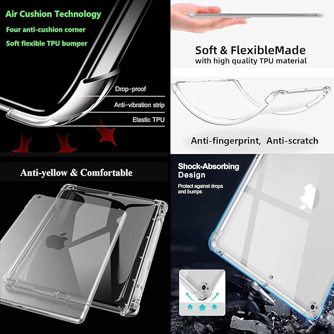 Clear Case for iPad 10.2 inch (2021/2020/2019), iPad 9th/8th/7th Generation Cover with Pencil Holder Lightweight Thin Crystal Transparent Shockproof Soft TPU Back Protective Shell, Clear
