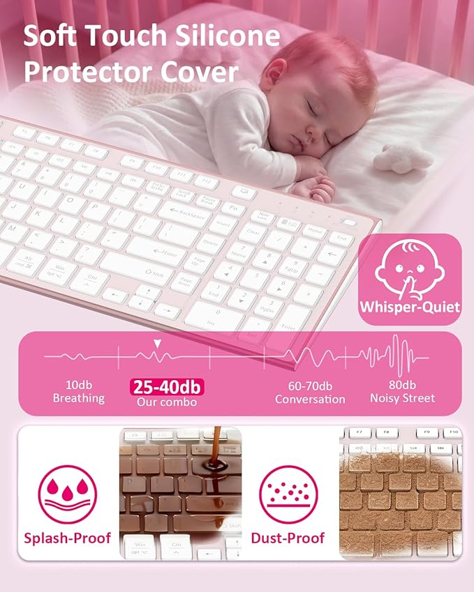 FENIFOX Wireless Silent Keyboard, Ultra Quiet USB C Low Profile Compact Full Size with Number Pad Flat Slim Thin Soft Touch for Mac Computer MacBook iMac PC Laptop Desktop Office (Pink Rose Gold)