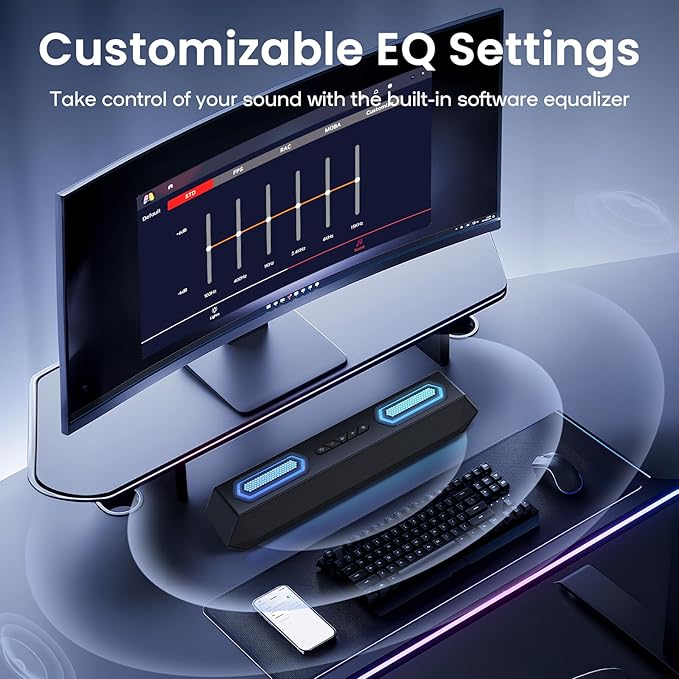 Deeyaple Computer Speakers, 40W PC Speakers for Desktop Monitor with Bluetooth 5.3 & USB Audio, HiFi Stereo Gaming Soundbar with Custom EQ Software, Dynamic RGB Lighting for Laptop, PS4, PS5, Black.