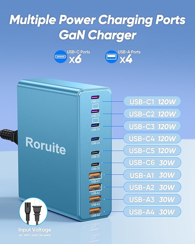 800W USB C Charging Station, 120W PD GaN5 Super Fast USB C Charger Block-10 Port, Type C for PC Laptop MacBook Pro/Air Charger Compatible with iPhone 17 16 15 14 13 12 Pro Max, iPad, Galaxy (Blue)