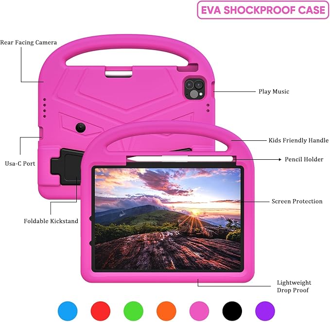 Kids Case for Apple iPad Air 11 inch M3/M2 & iPad Pro 11 inch M5/M4 (2025/2024) with Pencil Holder/Handle/Kickstand Lightweight Soft EVA Foam Shockproof Stand Girls Boys Cover, Pink Bird