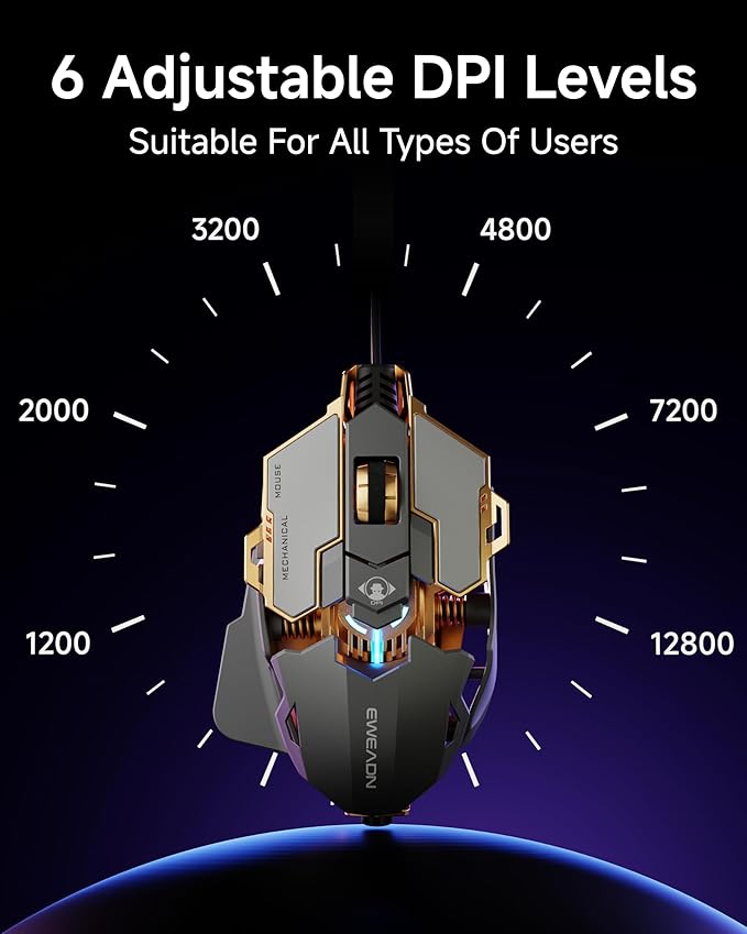 SEUNKWANG EWEADN G5 Wired Gaming Mouse, Ergonomic RGB Computer Mouse, 12800 Adjustable DPI, 9 Programmable Macro Buttons with Rapid Fire Key Compatible for PC/Laptop/Windows-Grey