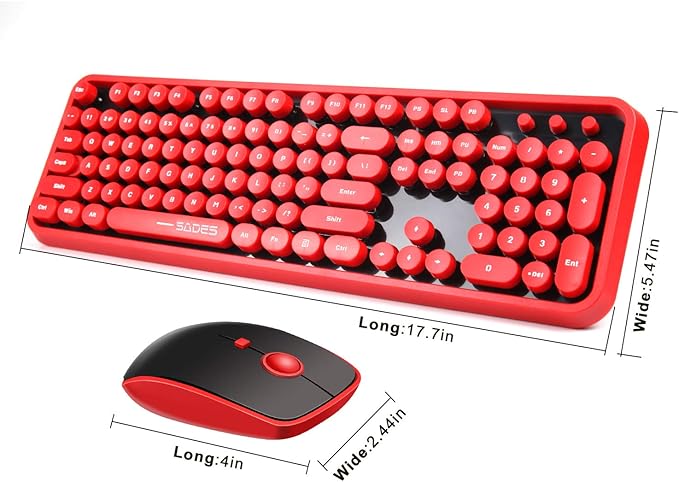 Red Wireless Keyboard and Mouse Combo, Retro Typewriter Style Round Key Keyboard with Bubble Keycaps, 2.4GHz Full Size with Number Pad, Cute Aesthetic Clicky Creamy Keyboard for PC Laptop Desktop