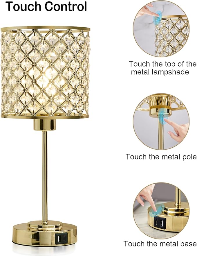 GyroVu Crystal Table Lamp for Bedroom, Touch Control Bedside Lamp with USB-C+A Ports, Dimmable Gold Bedside Lamp with Bulb, Nightstand Lamp Modern Light for Living Room