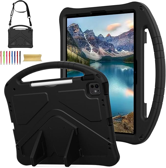 Kids Friendly Case for Apple iPad Air 11 M4 M3 M2 2026 2025 2024/ iPad Pro 11 M5 M4 2025 2024, EVA Durable Shockproof Handle Kickstand Lightweight Cover Case with Shoulder Strap, Black