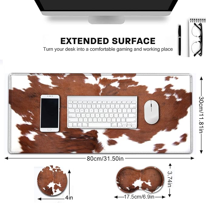 Large Gaming Mouse Pad, Extended Waterproof Desk Pad Protector (31.5" x 11.8") Ergonomics Memory Foam Mouse Wrist Rest Support,for Home Office Laptop Easy Typing,Brown White Cowhide Fur XXL Mouse Mat