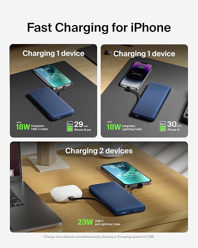 Belkin Portable Charger Power Bank for iPhone/Android (10,000mAh), 23W Battery Pack with Integrated USB-C, Lightning Cables, Pass-Through Capability, Charge 2 Devices at Once, Phone Charger Power Bank