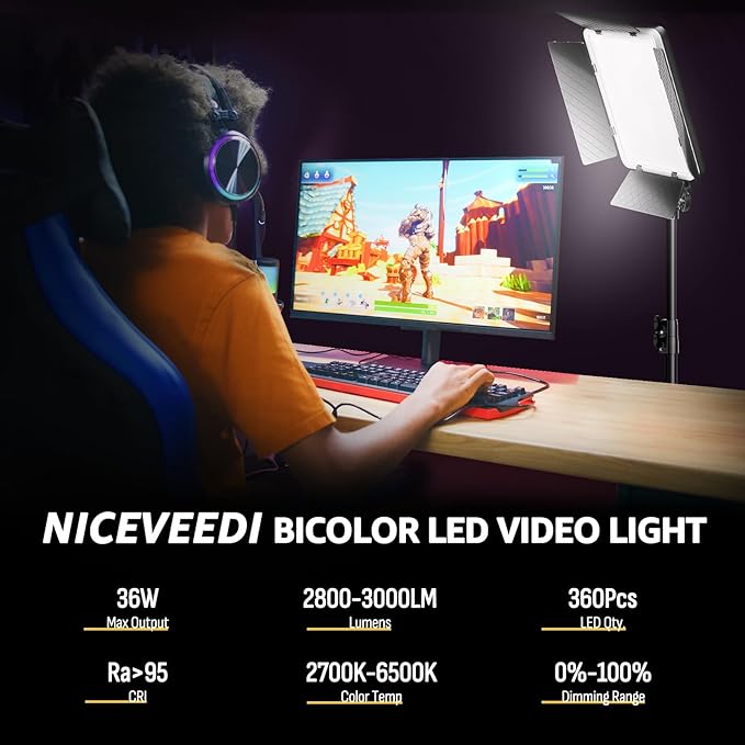 NiceVeedi 36W Photography Lighting, Bi-Color Studio Light, CRI 95+, Dimmable AC Adapter Powered LED Video Light Kit with Remote Control & 72” Tripod, Light for Video Recording/YouTube/TikTok/Ins