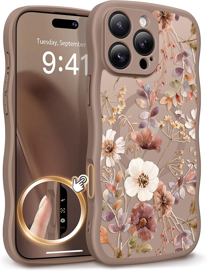 GVIEWIN for iPhone 16 Pro Max Case Compatible with MagSafe [Curly Wave Edge][Full Camera Protection] Floral Translucent Shockproof Magnetic Women Phone Case for 16 Pro Max, Corn Poppy/Brown