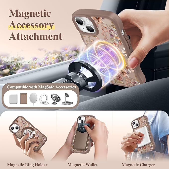 GVIEWIN Cute for iPhone 14 Case & iPhone 13 Case [Compatible with MagSafe] [Curly Wave Edge] Floral Translucent Magnetic Shockproof Protective Phone Cover for iPhone 14/13 6.1'', Corn Poppy/Brown