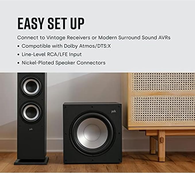 Polk Monitor XT12 Powered Sub - 12" Balanced Woofer & 100W Class A/B Amplifier, Low-Resonance MDF Cabinet & Removable Grille, Dolby Atmos & DTS:X Compatible, Home Theater Subwoofers, Midnight Black