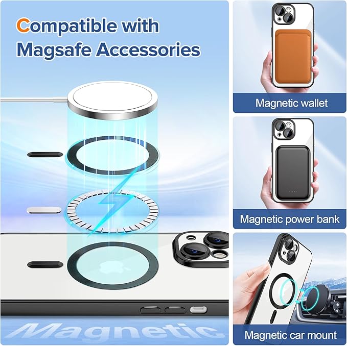 Hython Magnetic Clear for iPhone 15 Case with Camera Lens Protector [Compatible with MagSafe] Luxury Plating Edge Slim Soft TPU Cover Protective Phone Case for iPhone 15 6.1", Matte Black