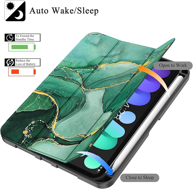 Soke Case for iPad mini 7(A17 Pro) 2024/iPad Mini 6 2021 8.3 inch with Pencil Holder-[Pencil Charging + Auto Wake/Sleep], Soft TPU Back Cover for iPad mini 7th/6th Generation(Green Marble)