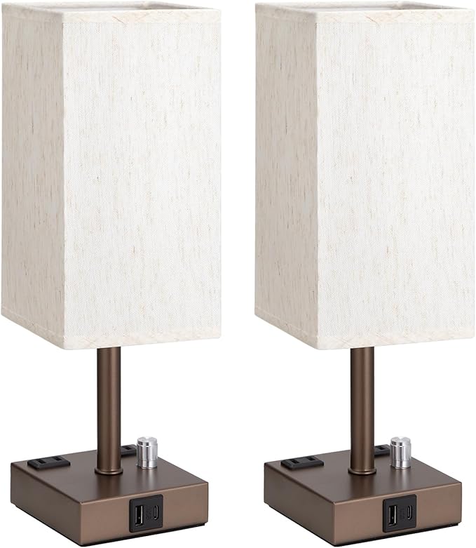 aooshine Brown Fully Dimmable Nightstand Lamps Set of 2 - Table Bedside Lamp with USB C+A Charging Ports & 2 AC Outlets, Square Lamp Sets Linen Fabric Shade for Bedroom (Bulb Included)