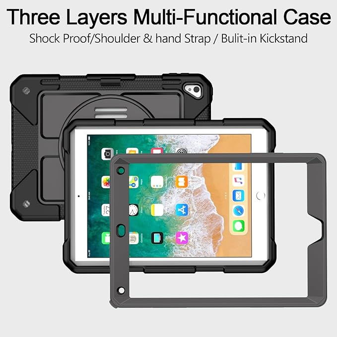 MENZO Shockproof Case for iPad 5th Gen/6th Gen/Air 2/Pro 9.7-inch with 360° Swivel Stand, Pencil Holder, Detachable Hand and Shoulder Strap, Black