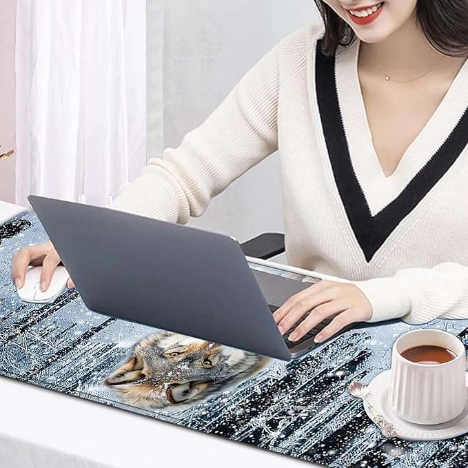 Large Mouse Pad, 31.5 x 11.8in Extended Gaming Mouse Pad with Stitched Edges, XXL Mousepad Protector Non Slip Rubber Base for Office and Home Writing Mat, Wolf in Snowy Forest Pattern White Desk Mat