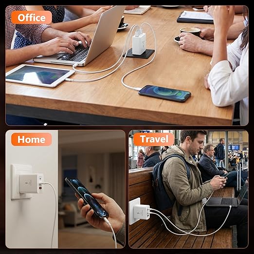 100W USB C Charger Block, 3-Port GaN Fast Wall Charger with 2 Cables [C-C & A-C], Travel Essentials PD Adapter for MacBook Pro, for iPhone 17/16/15, Samsung S25, for Home Office & Laptop - White