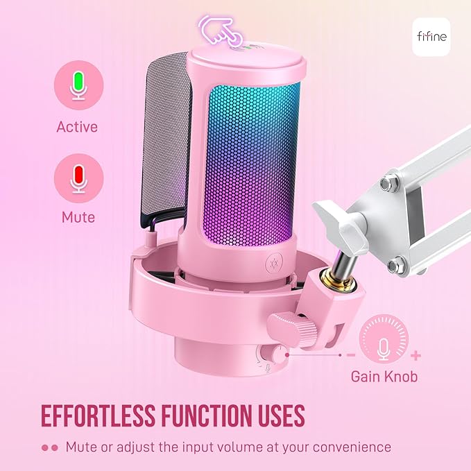 FIFINE USB Streaming Microphone with Boom Arm, Gaming Mic Kit for PC PS4/PS5, Podcast Microphone for Podcast with RGB Control, Mute Button, Gain Knob, Headphones Jack, Pop Filter-A8T Pink