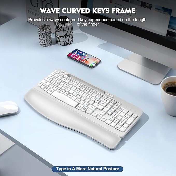 Ergonomic Wireless Keyboard with Cushioned Wrist Rest, Wave Keys, Phone Holder, Comfortable Natural Typing, 2.4GHz Full Size Cordless USB Computer Keyboard for Windows, Mac OS, Laptop, PC (White)