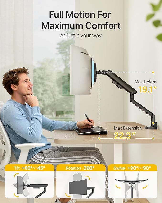 monTEK Single Monitor Arm, Mechanical Spring Monitor Arm for 17-40" Ultrawide Screens, Adjustable Monitor Desk Mount Holds up to 26.4 lbs with C Clamp/Grommet Desk Mount, VESA 75/100mm