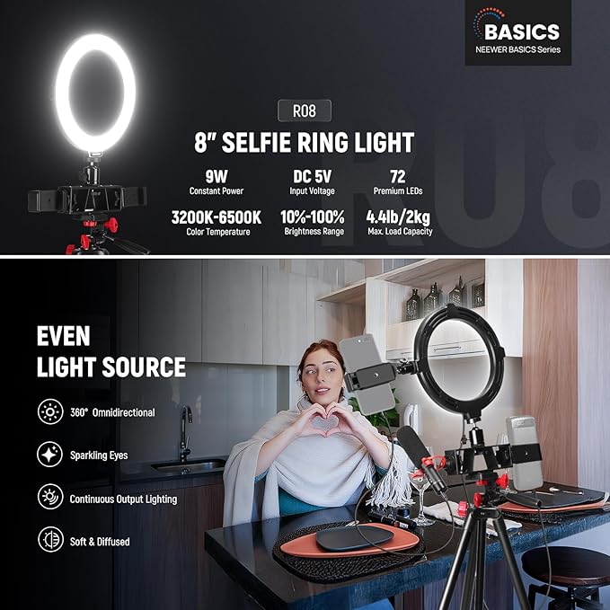 NEEWER Basics 8" Selfie Ring Light with Tripod Stand/2 Phone Holders Compatible with iPhone/3 Cold Shoes/Remote, LED Ringlight Lighting for YouTube TikTok Vlog Video Recording Makeup Streaming, R08