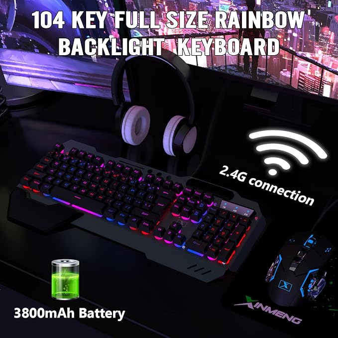 Wireless Gaming Keyboard and Mouse Combo,Rainbow LED Backlit Keyboard with Rechargeable 3800mAh Battery Metal Panel,Removable Wrist Rest Mechanical Feel and 7 Color Mute Gaming Mice for PC PS4 PS5
