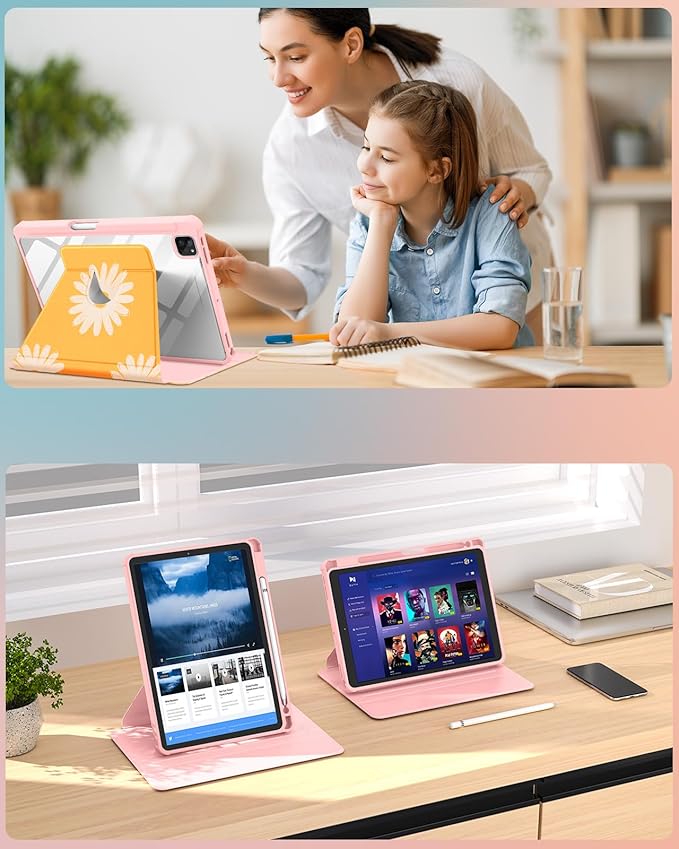 Uppuppy for iPad Air 11 inch Case, Air 5th/4th Generation 10.9, Pro 11'' Case Women Girls for Apple Pencil Holder Girly Cute Yellow Flower Rotating Folio Cover for iPad Air 5/4 (2022/2020)/Pro 11"