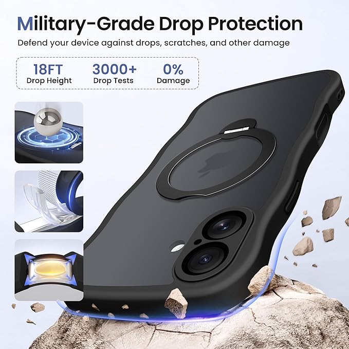 CAPRARO for iPhone 16 Plus Case with 360° Spin Magnetic Stand for Women, [Compatible with MagSafe] [Full Camera Protection] Cute Wave Translucent Matte Case for iPhone 16 Plus, Black