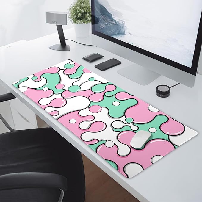 Pink Green Mouse Pad Anime Cool Geometric Japanese Extended Desk Mat 90X40 CM Non-Slip Rubber Base Stitched Edge Large XXL Mousepad for Gaming Laptop Computer Desktop 35.4×15.7 Inch