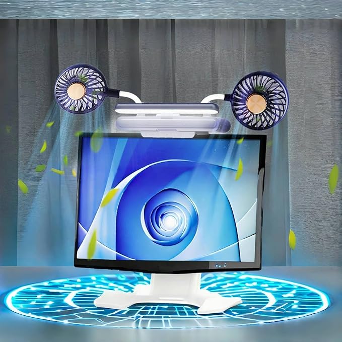 USB Monitor Clip on Fan via Flip-Open LED Light Bar, Two-Head Personal Cooling desktop Laptop Quiet USB Fan for Office, 3 Wind Speeds, for Flat, Curved Monitors (Deepsea Blue)