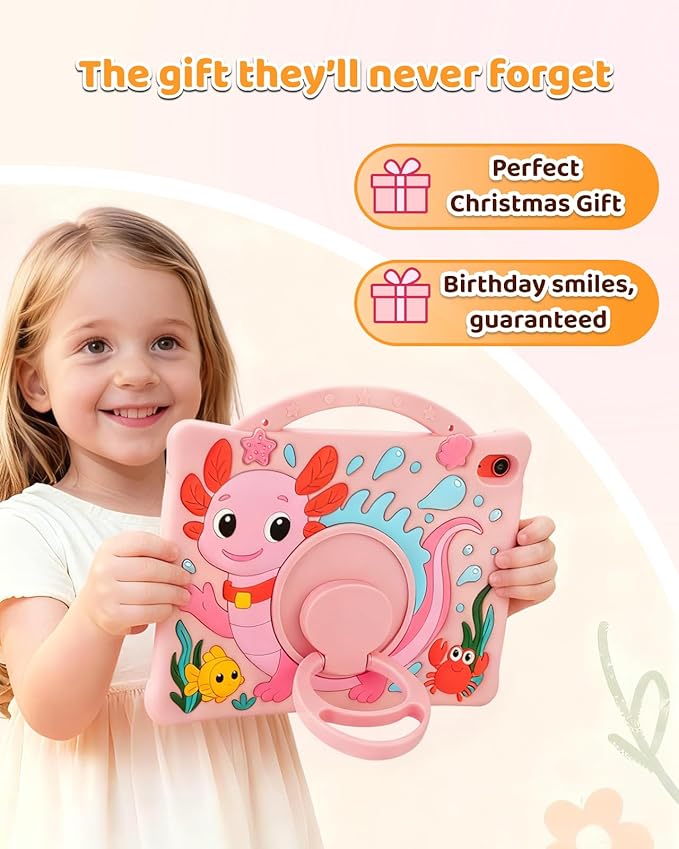Kids Case for iPad Air 11 Inch 6th (M2 M3) / iPad Pro 11" 4th/3rd/2nd/1st / iPad Air 5/4 10.9", Axolotl Cute Silicone Cover with 360 Rotating Stand, Detachable Strap & Stylus Holder (Pink)