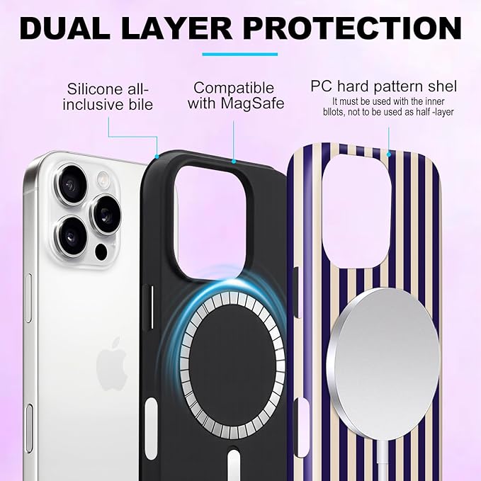 Magnetic for iPhone 14 Pro Max Case Cute Stripes Phone Case, Shockproof Slim TPU and Hard PC Protective Phone Cover Compatible with MagSafe Designed for Women Girls, Deep Purple