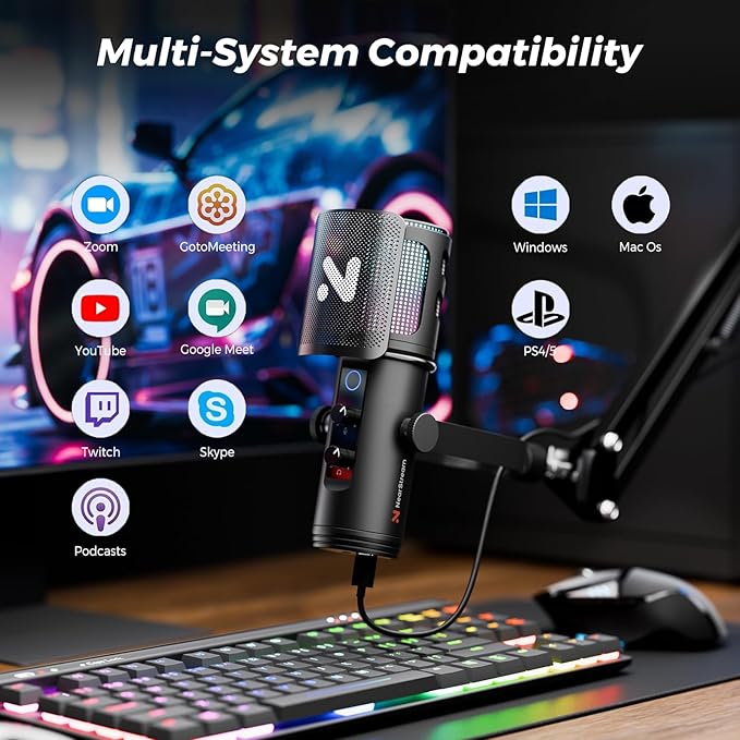 NearStream RGB Gaming Microphone for PC with Noise Canceling/Monitor/Mute/Gain/Removable Pop Filter, USB Condenser Mic with Boom Arm for Stream/Podcast/Twitch/Discord/YouTube/PS4/PS5(AM30U)