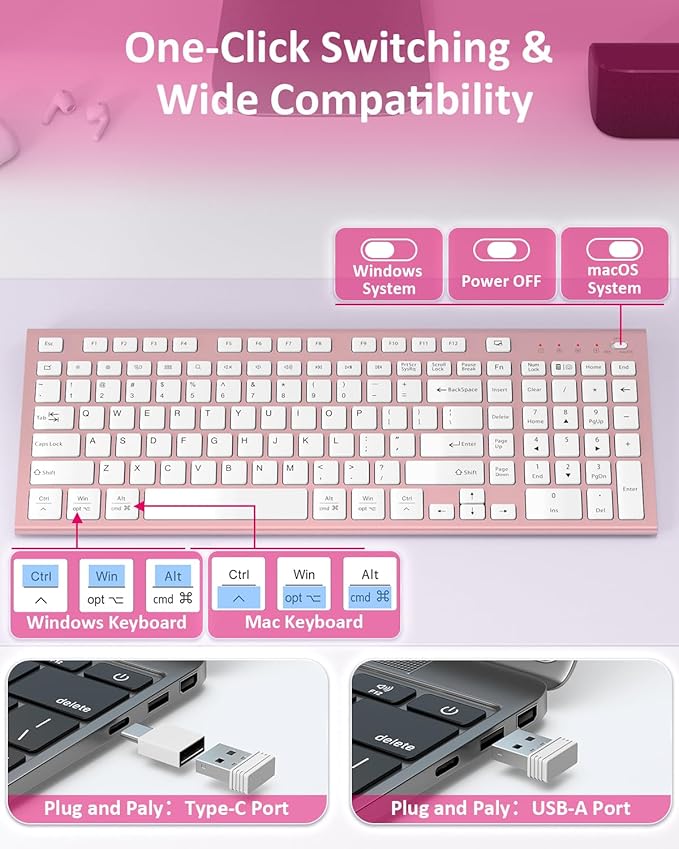 FENIFOX Wireless Silent Keyboard, Ultra Quiet USB C Low Profile Compact Full Size with Number Pad Flat Slim Thin Soft Touch for Mac Computer MacBook iMac PC Laptop Desktop Office (Pink Rose Gold)