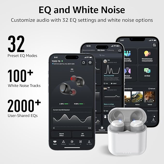 TOZO T6 Wireless Earbuds, IPX8 Waterproof Ear Buds, Stereo Bass Sound Bluetooth 5.3 Headphones in Ear, 50 Hours Playtime Earphones, Wireless Charging Case, Custom 32 EQ via APP