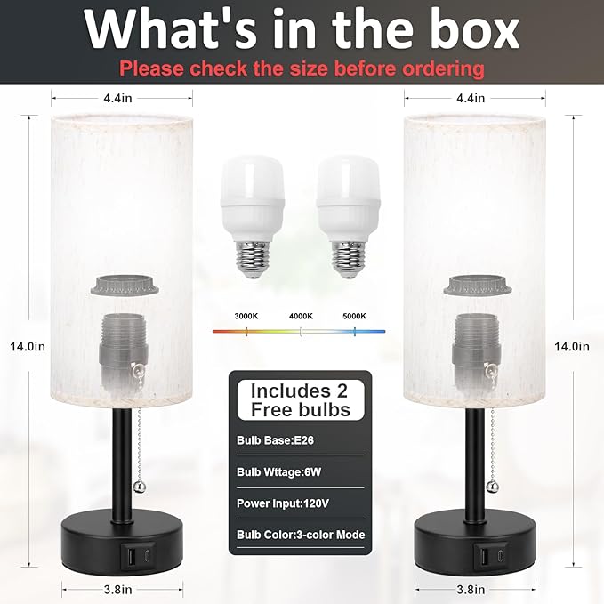 Fenmzee USB Bedside Table Lamps Set of 2-3 Color Temperatures Pull Chain Lamp with USB C and A Charging Ports, Round Night Stand Lamps for Bedroom