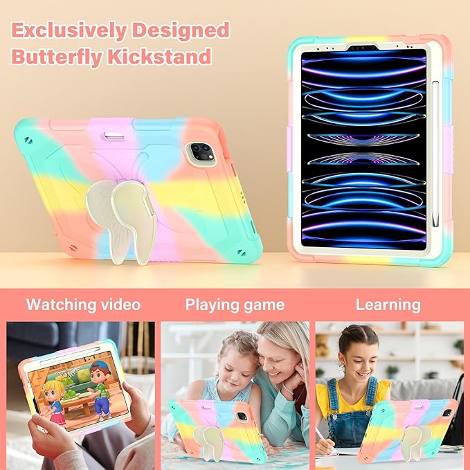 HOGENL for iPad Pro 11 inch Case for Kids Girl with Pencil Holder,for iPad Air 5th/4th Generation Case 10.9" with Butterfly Stand Shoulder Strap Protective Cover for pro 11 4th/3rd/2nd/1st, Colourful
