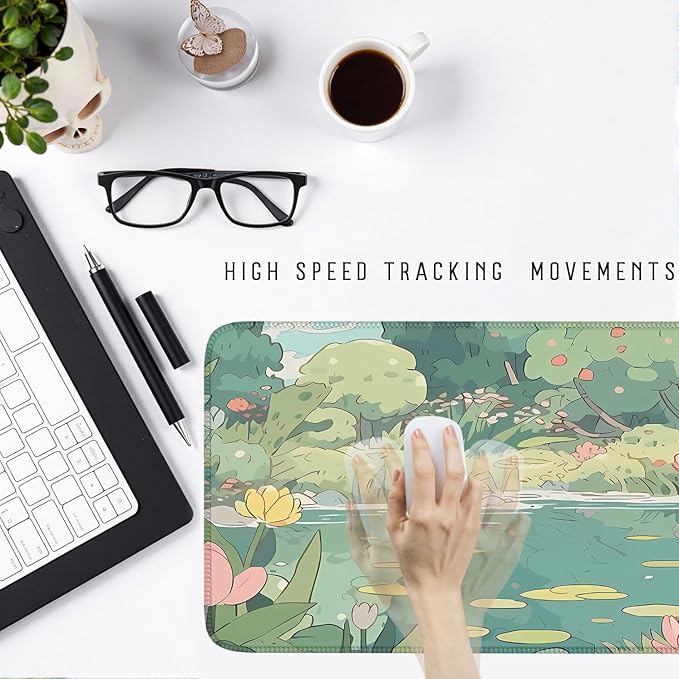 Cute Kawaii Bunny Anime Green Plant Desk Mat Large Mouse Pad Gaming Desk Pad Accessories for Women Office Decor Long Laptop Keyboard Mouse Mat