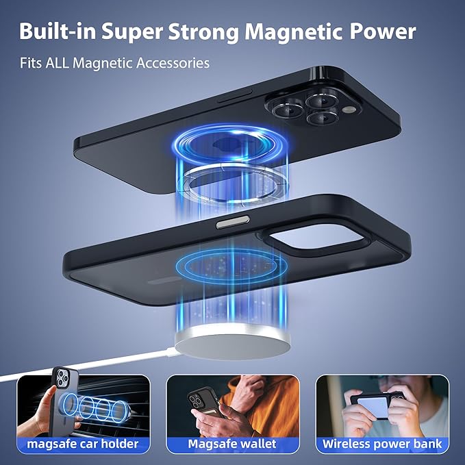 Magnetic Case for iPhone 14 pro max Case [10FT-Grade Drop Tested & Compatible with MagSafe] Translucent Anti-Fingerprint Anti Shockproof Protective Shell 6.7 Inch, Black