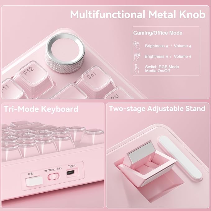 SOLAKAKA A75 Wireless Gaming Keyboard with Multifunction Knob, BT5.0/2.4GHz/USB-C, 75% Mechanical Keyboard, Hot-Swappable, Gasket Creamy Keyboard with RGB Backlit, Crystal Keycaps, for PC/Mac/PC