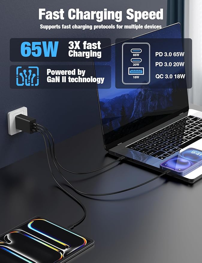2Pack 65W USB C Wall Charger Block, 3-Port USB C Charging Adapter 100W Type C Super Fast Charging Power Plug Cube for MacBook Pro/Air,i-Pad Pro,i-Phone 17/16/15, Galaxy S25,and More-Black