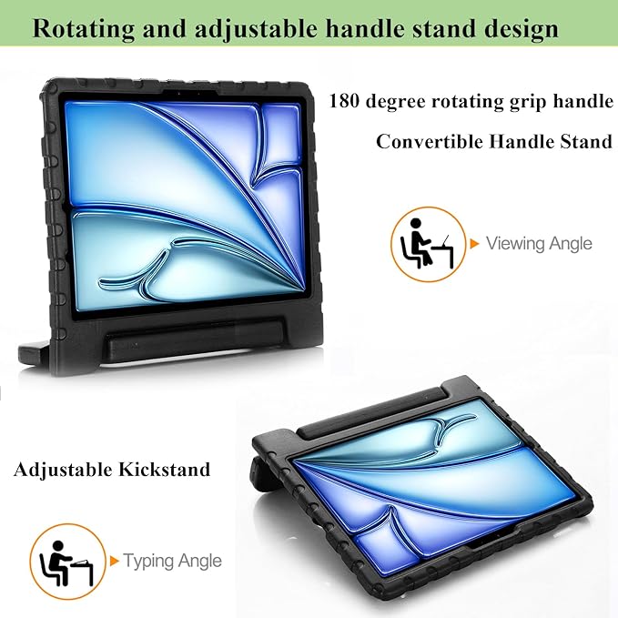 Kids Case for iPad Air 11-inch M3/M2 & iPad Pro 11 inch Case M5/M4 (2025/2024) with Pencil Holder/Kickstand Lightweight Convertible Handle Stand EVA Shockproof Rugged Protective Cover, Black