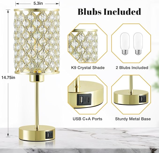 GyroVu Crystal Table Lamps Set of 2, Gold Touch Lamp for Nightstand with USB C+A Ports, Dimmable Small Bedside Lamp with Crystal Shade, End Table Desk Lamps for Bedroom, Living Room(Buld Included)