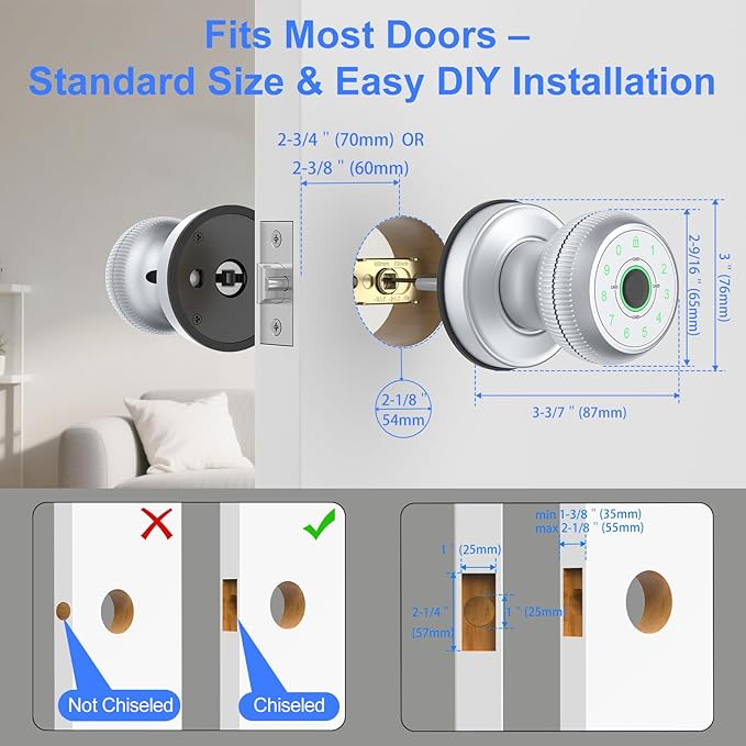BIWIBON 5-in-1 Smart Door Knob, Fingerprint Door Knob with App Control, Smart Fingerprint Door Lock,Auto Lock, Ideal for Home, Bedroom, Office, Chrome