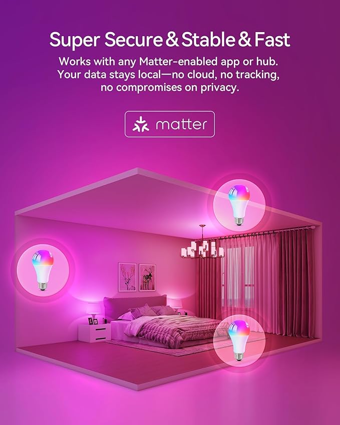 Matter Smart Light Bulbs, Color Changing Light Bulb, hub Required, A19 60W,2.4Ghz WiFi only,Compatible with Alexa Google Assistant, Apple Home,16 Million Colors RGBCW 800 Lumen,2 Pack
