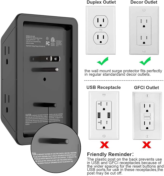 Outlet Extender, Surge Protector Outlet with 5-Multi Plug Outlet and 4 USB Ports(2 USB C), 3-Sided 1680J Power Strip Wall Charger, Multiple-Plug Outlet Splitter for Home Travel Office,ETL Listed,Black